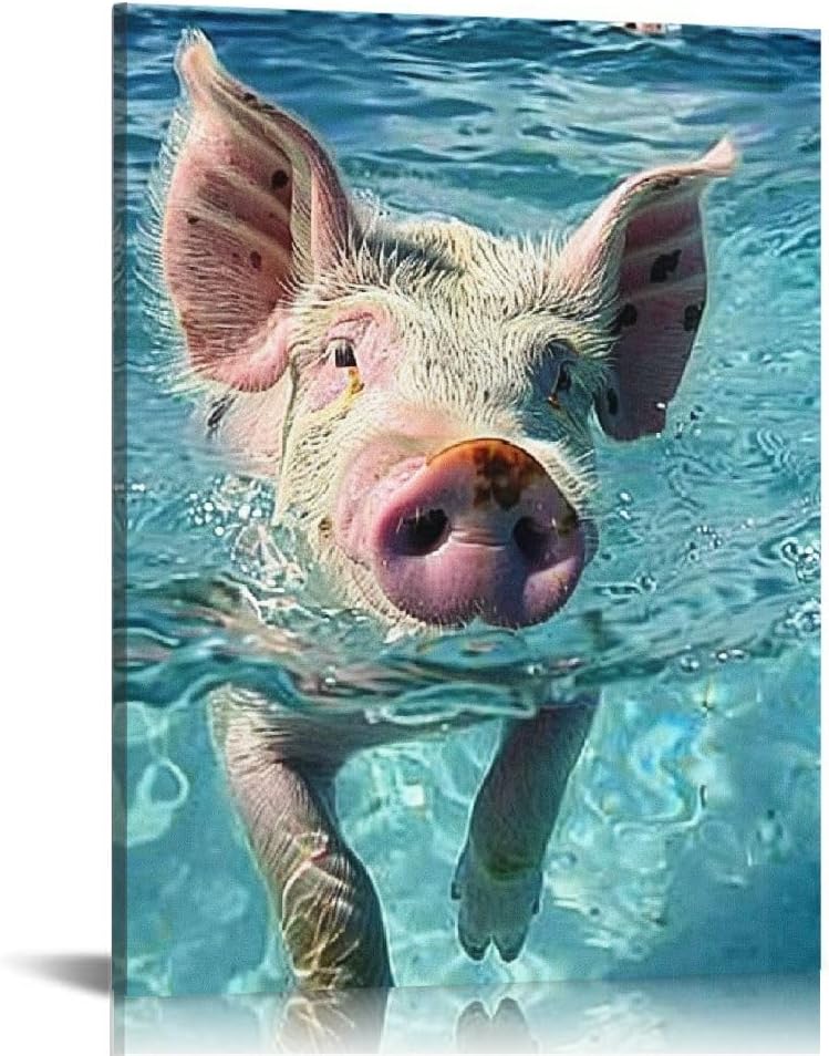 Funny Swimming Pig Canvas Wall Art – Animal Humor Decorative Painting for Living Room, Bedroom & Kids Room