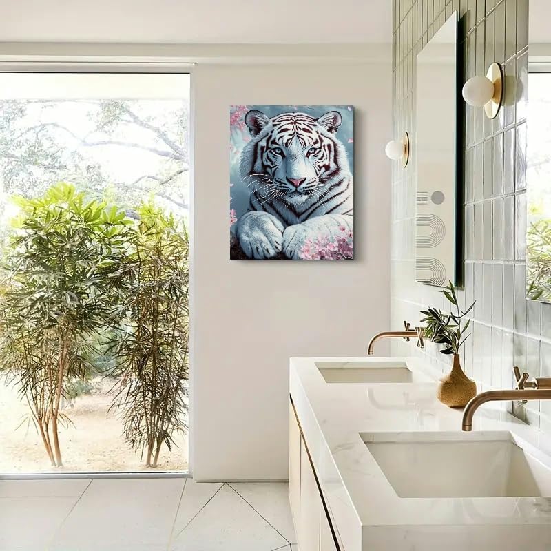 White Tiger Canvas Wall Art – Majestic Animal Print with Blue Eyes and Cherry Blossoms for Living Room, Bedroom, or Office Décor