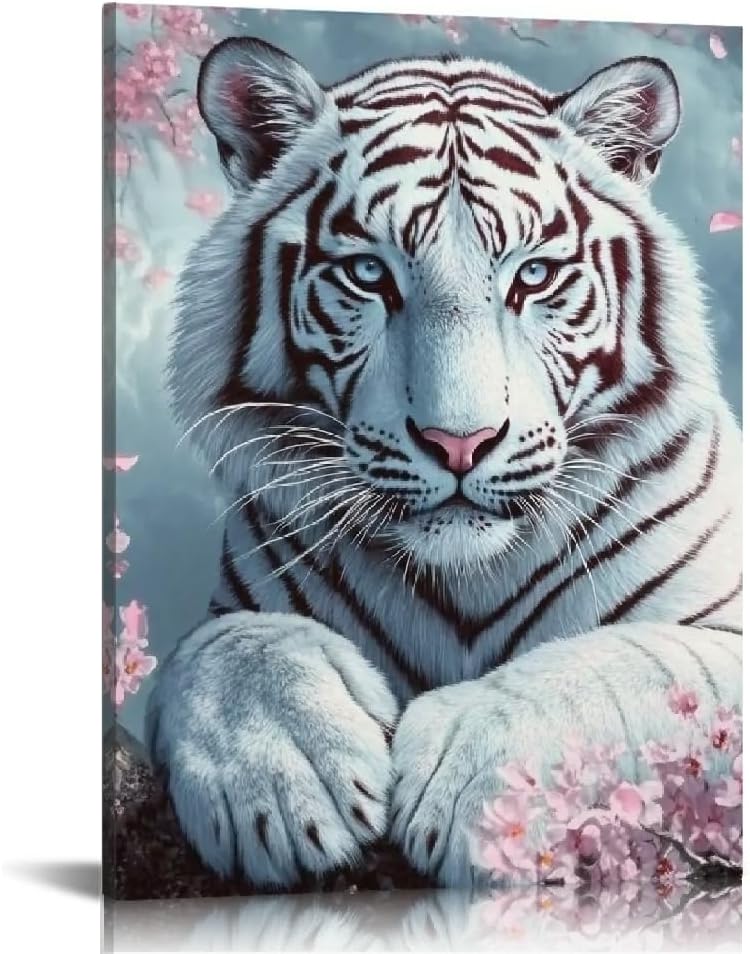 White Tiger Canvas Wall Art – Majestic Animal Print with Blue Eyes and Cherry Blossoms for Living Room, Bedroom, or Office Décor
