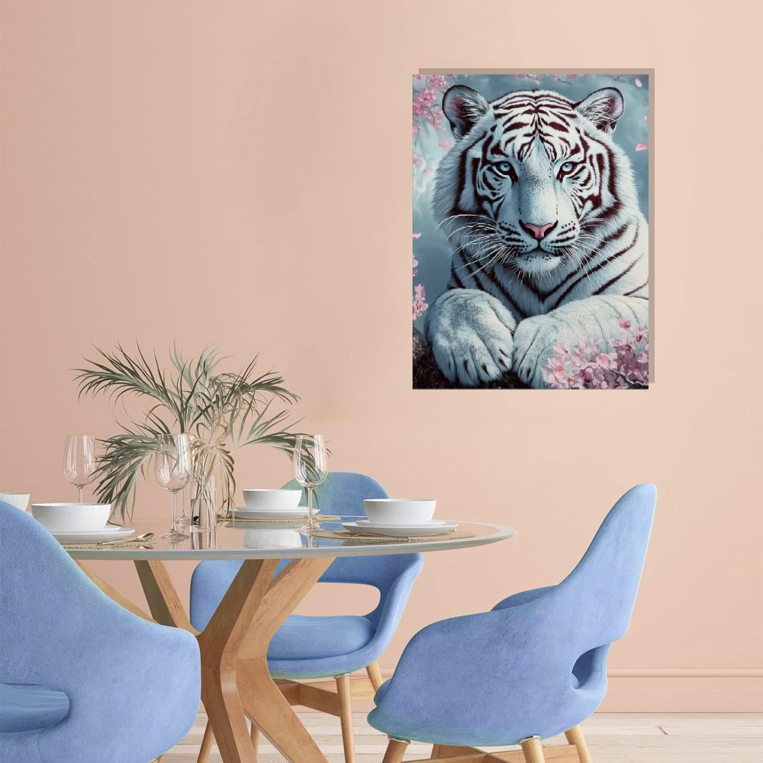 White Tiger Canvas Wall Art – Majestic Animal Print with Blue Eyes and Cherry Blossoms for Living Room, Bedroom, or Office Décor