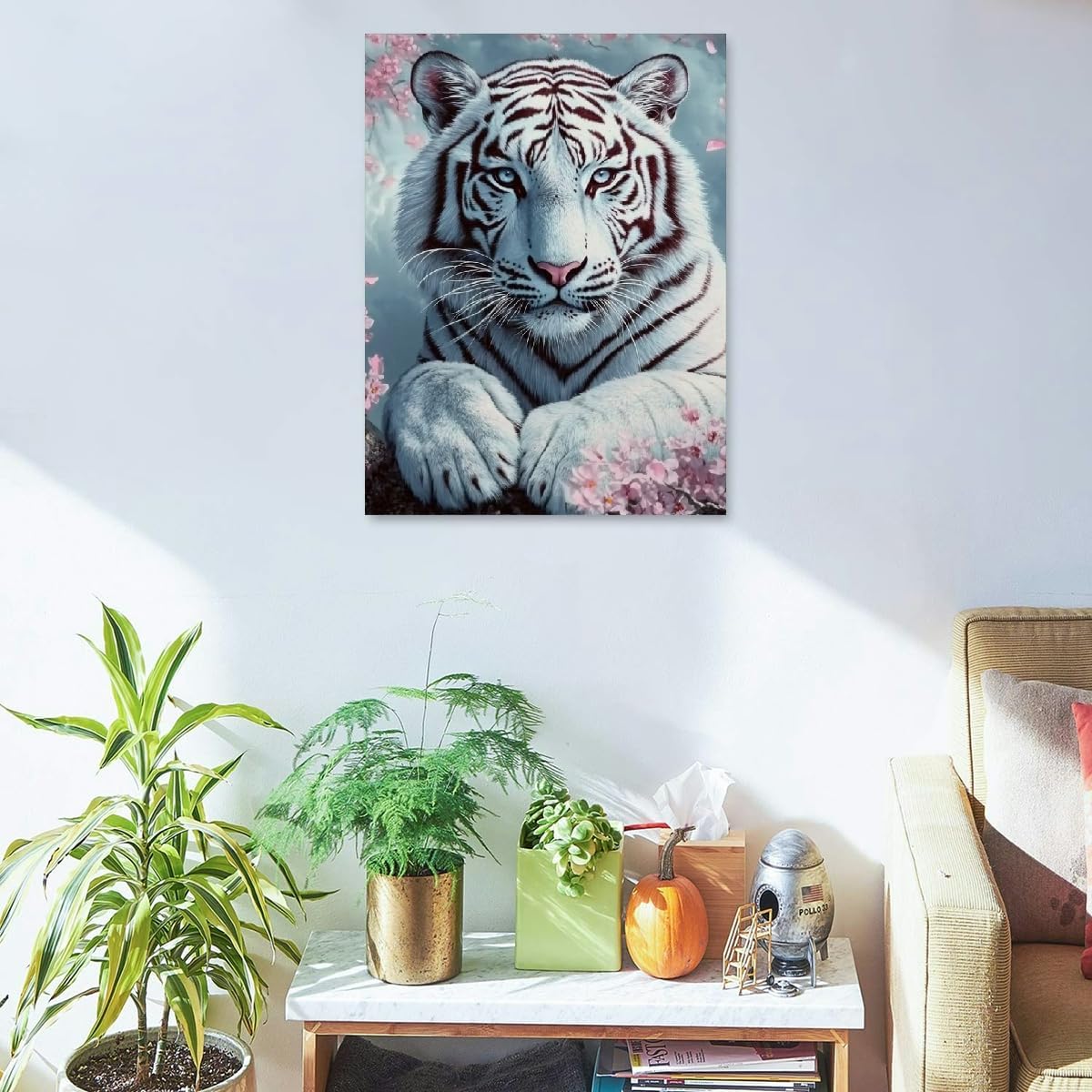 White Tiger Canvas Wall Art – Majestic Animal Print with Blue Eyes and Cherry Blossoms for Living Room, Bedroom, or Office Décor